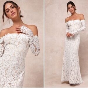 LULU's Sexy Bridal Wedding Floral Lace Off the Shoulder Boho Flowy Gown